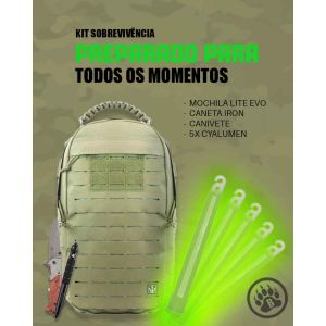 KIT SOBREVIVÊNCIA - Mochila Lite Evo + Caneta Tática Iron + Canivete Fox + 5 Cyalumes 6" 1